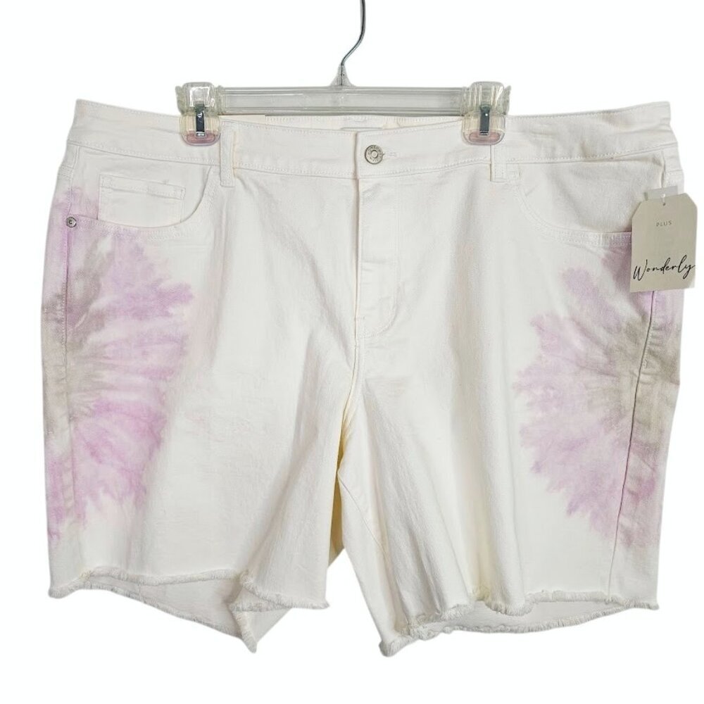 NWT WONDERLY High Rise Jean Shorts WHITE w PURPLE Denim plus size 20W Raw Hem